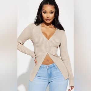 Beige Ribbed Button-Up Cardigan